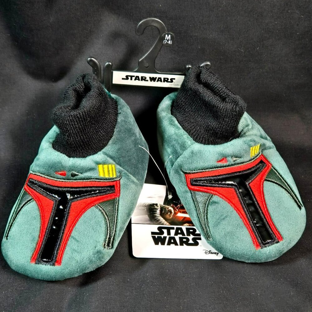 Star Wars Mandalorian Boba Fett Kids Sz 7/8 Slippers Green Red Gripper Shoes